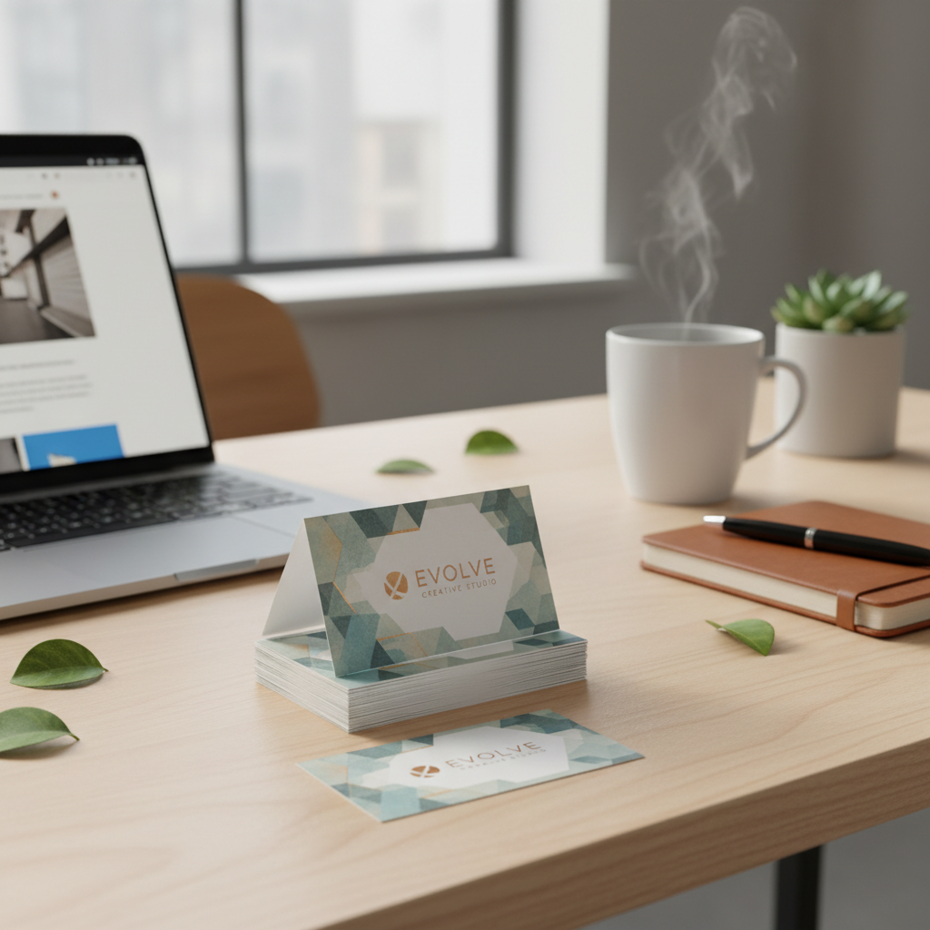 Custom business cards on a modern office desk by Bolton Prints
